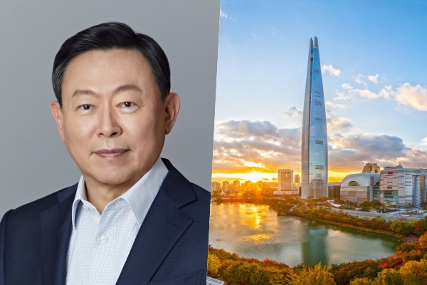 ▲신동빈 롯데그룹 회장과 롯데월드타워 전경. 사진=롯데그룹