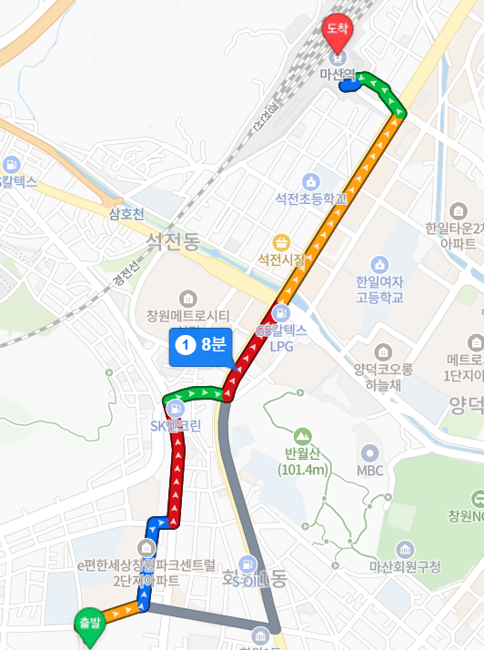 ▲창원 한신더휴 메가센텀에서 KTX 마산역까지 차량 거리