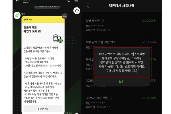 ▲ 멜론에서 지급한 캐시로 구매할 수 있는 상품은 스트리밍 정기결제 이용권으로 제한된다.